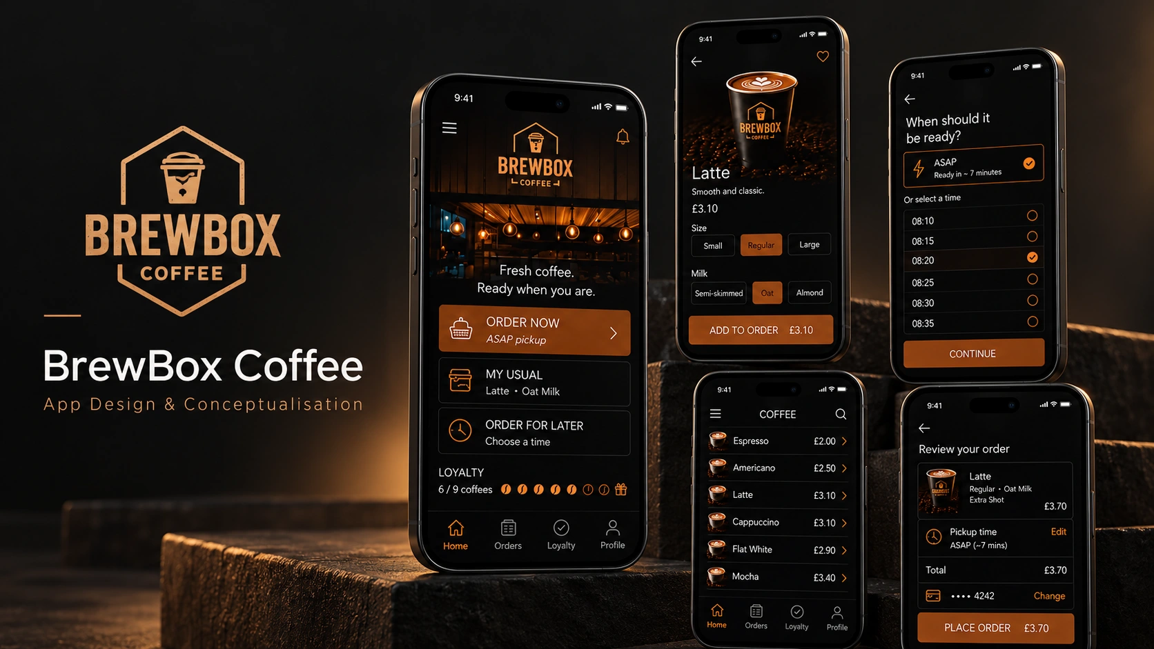 BrewBox Coffee application design concept with mobile ordering screens