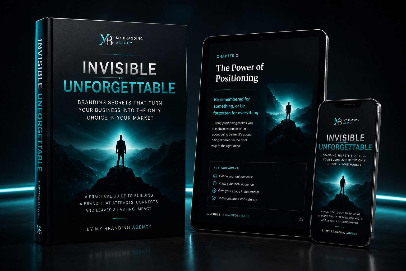 Invisible to Unforgettable digital book concept displayed as a book, tablet and phone