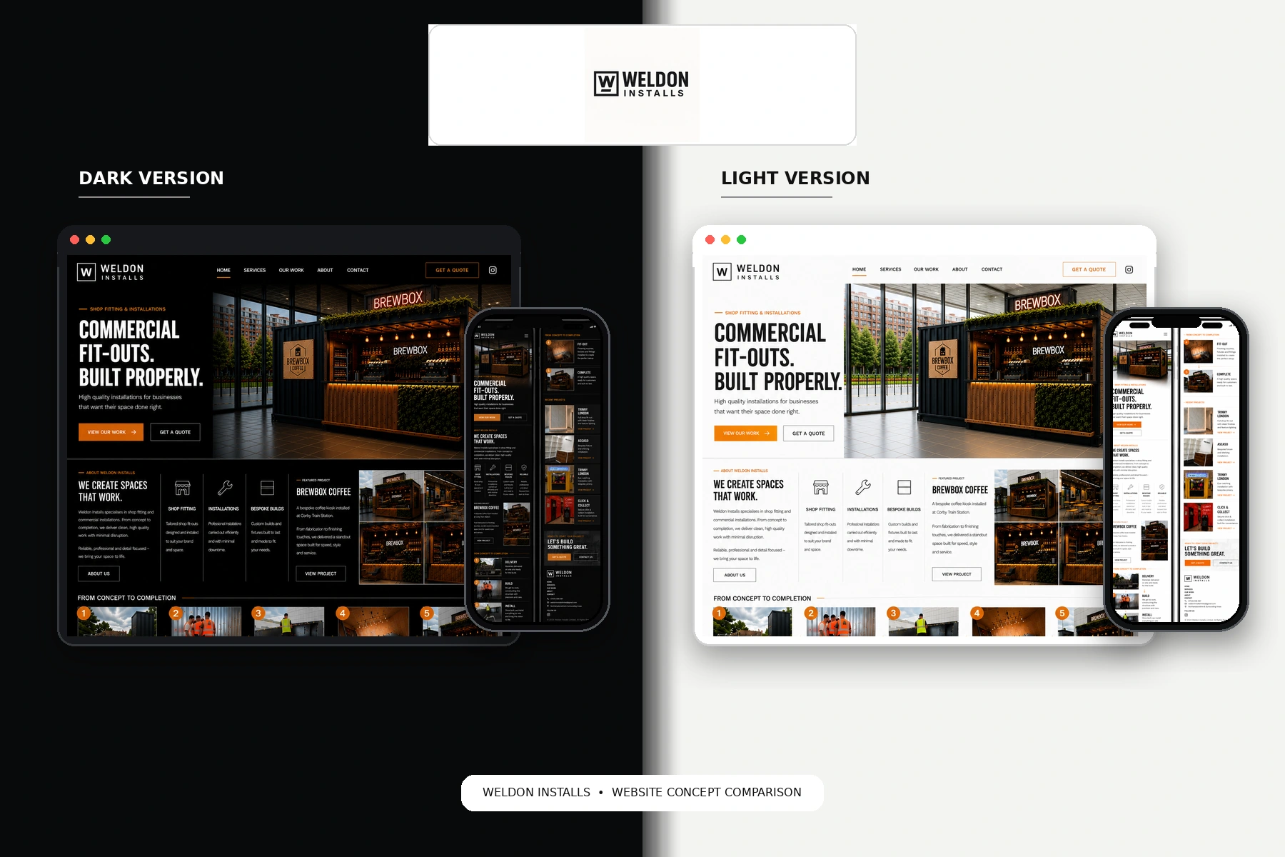 Weldon Installs website concepts shown on desktop and mobile
